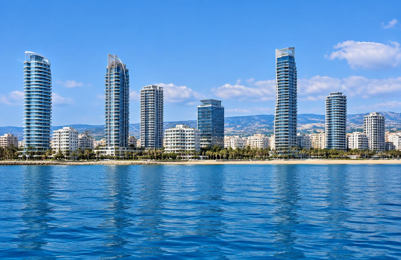 The Limassol skyline with high-rise towers along the seafront, seen from the sea