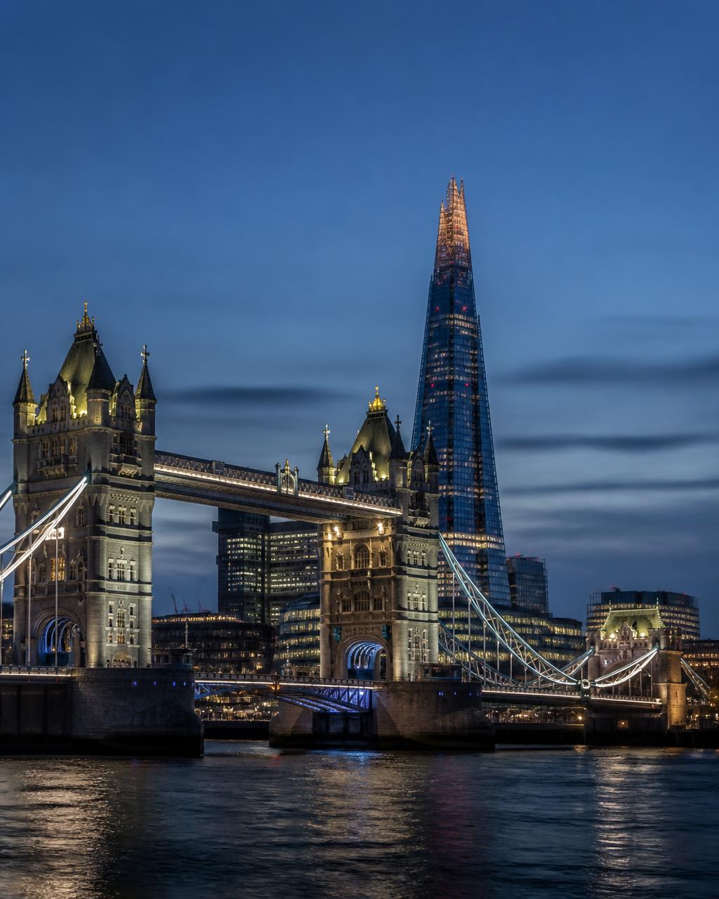 London skyline at dusk with Tower Bridge and The Shard