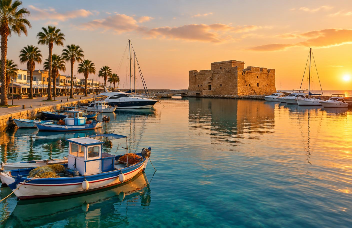 Boats moored at Paphos harbour with the castle and the waterfront promenade behind